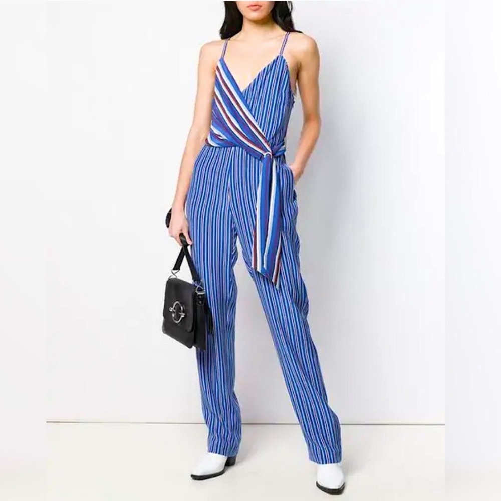 NEW Rag & Bone Felix Striped Blue Silk V Neck Jumpsuit $595 Size 0 - Picture 4 of 13